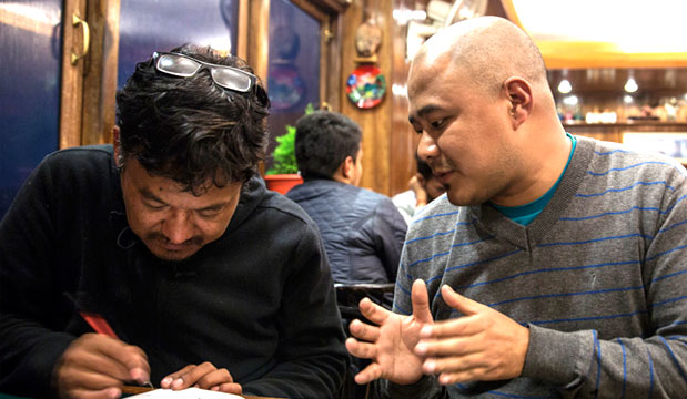 Mr Chewang Lachenpa (right) being interviewed in Gangtok, Sikkim  Photo credit: Jitendra Raj Bajracharya / ICIMOD